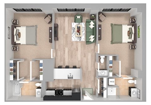 Floor plan for 2 beds, 2.5 baths, 1010 sqft
